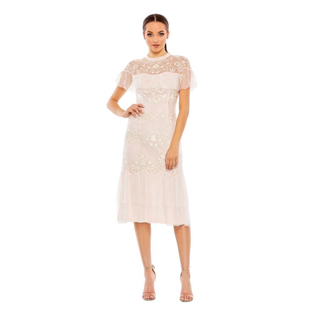 Mac Duggal Blush Pink High Neck Mesh Embroidered Dress Size 6 $398